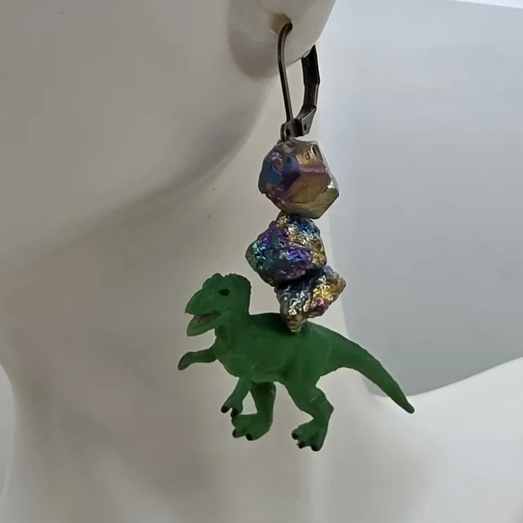 Green Dinosaur Drop Earrings with Iridescent Accent Beads - Picture 3 of 6